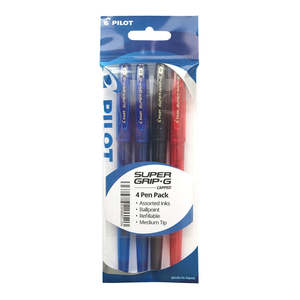 Pilot Super Grip G Stick Ballpoint Medium Asstd. 4Pk (Blue*2/Black/Red)