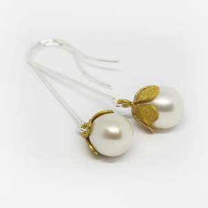 Quirky Collectibles: Gold plated stg silver petal drop pearl earrings (long hook)