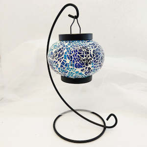 Aromatics Accessories: Moody Blues Turkish Mosaic Hanging T-Lite Candle Holder w. LED Candle (approx. 24x15cm)
