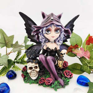 Mystical Magical: Goth Fairy w. Skull, Cat & Lantern (approx. 13.5x13.5cm)