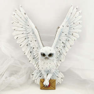 Woodland Grotto: White Owl in Flight w. Envelope Wall Art (resin. approx. 31.8x27cm)