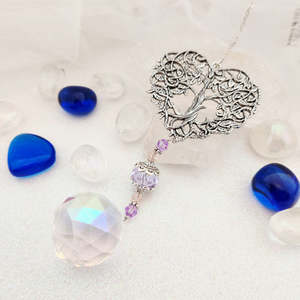 Wall Art Hanging Gifts: Tree of Life Heart w. Hanging Prism & Beads (alloy & glass)