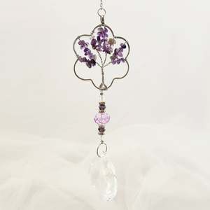 Wall Art Hanging Gifts: Amethyst & K9 Glass Tree of Life Flower Hanging Tear Drop Prism