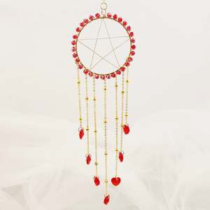 Pentagram w. Red Glass Hearts Hanging