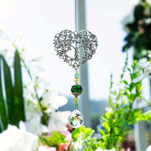 Tree of Life Heart w. Hanging Prism & Green Beads (alloy & glass)