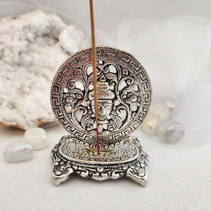 Silver Metal Round Buddha Head Incense Holder