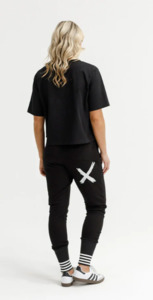 Alpine Apartment pant black w silver X and striped cuff