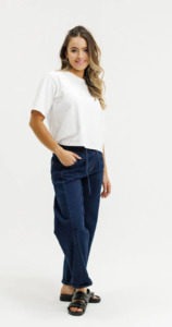 Bottoms: Barrel jeans indigo wash
