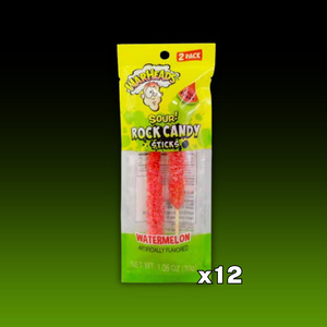 Confectionery: DATED - Nov 2025 WarHeads Watermelon SOUR 2Pk Rock Candy Sticks Peg Bag 1.6oz x12