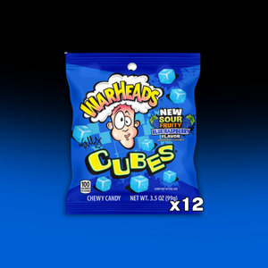 DATED - Dec 2025 WarHeads Blue Raspberry Cubes Peg Bag 3.5oz (99g) 12ct