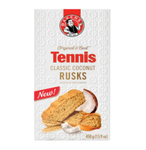Snacks: Bakers Tennis Classic Coconut Rusks 450g, Dated