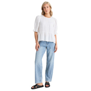 Tops & Tees: Roaming White Linen Crew Neck Peplum Top