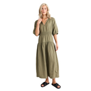 Dresses & Jumpsuits: Retreat Soft Khaki Linen Blend SS Tiered Maxi Dress