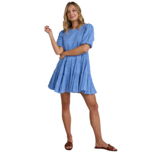 Dresses & Jumpsuits: Luna French Blue Shirred Cotton Puff Ss Tiered Mini Dress