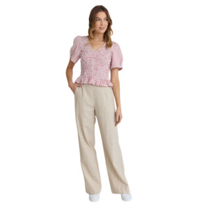 Tops & Tees: Mellow Blush Gingham Shirred V Neck Short Sleeve Top