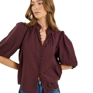 Continuance Chocolate Semi Sheer High Neck Buttoned Short Sleeve Top