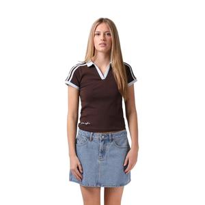 Womens Fashion: V Neck Polo Tee - Brown/Blue