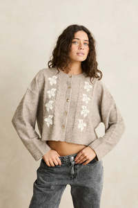 Womens Fashion: Blanca Floral Crop Cardigan - Natural