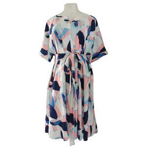 BloomChic - Geometric V-Notch Collar Short Sleeve Belted Midi Dress - IPAMO