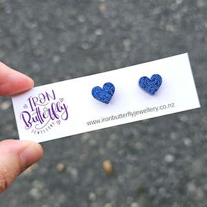 Heart Studs - Fine Blue Glitter