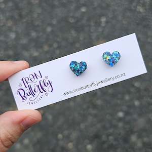 Stud Earrings: Heart Studs - Blue Mix