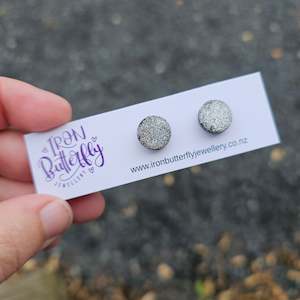 Stud Earrings: Circle Studs - Silver Glitter 12mm