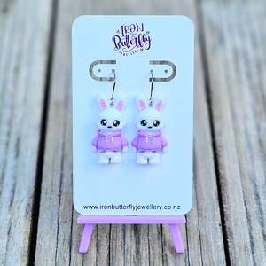 3d Printed Earrings: Hoodie Rabbit Earrings - Purple
