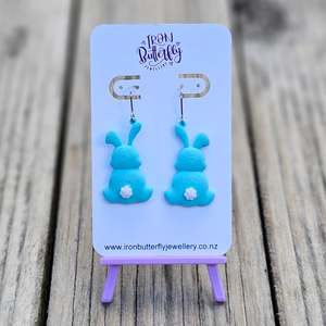 Fluffy Tail Bunny Earrings - Blue