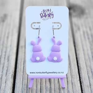 Fluffy Tail Bunny Earrings - Purple