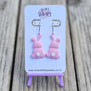 Fluffy Tail Bunny Earrings - Pink