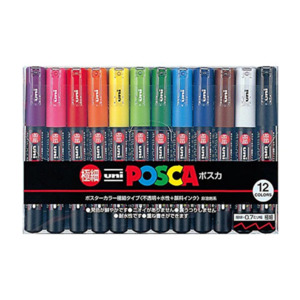 Uni Posca PC-1M Paint Markers - Extra Fine Tip - 12 Color Set - 0.7 mm