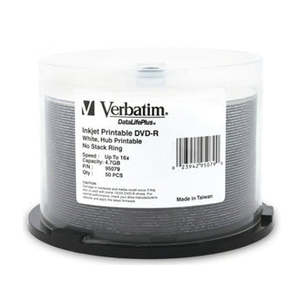 Verbatim DVD-R 4.7GB 16x White Wide Inkjet Printable 50pk on Spindle