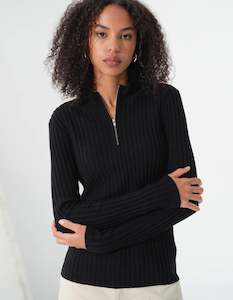 Jumpers Knits: Commoners Womens Base Knit Quarter Zip Black