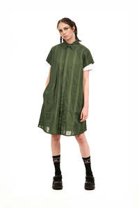 Dresses: Nom*d Grid Shirt Dress - Green Olive