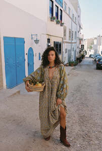 Dresses: Kinga Csilla Zoya Block Print Marrakech Dress - Green