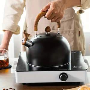 Camping: Kitchen Simple Black Kettle With Wood Grain Handle