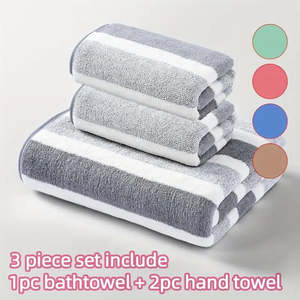 Towels Mats: Bathroom Self-colored Edge Wide Strip 3pcs Set Including 2 Towels + 1 Bath Towel