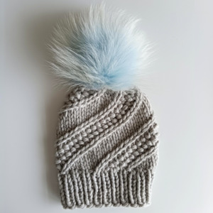 Mum: Adult Merino Hat - Light Grey with Removable Ice Blue Pompom