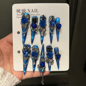 Vibrant Blue Stiletto Press-On Nails with 3D Rose & Chain – 10PCS