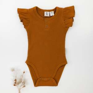 Karibou Kids: Keira Ribbed Flutter Sleeve Bodysuit - Vintage Gold