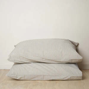 Homeware: 100% STONEWASHED COTTON PILLOWCASE PAIR- OLIVE STRIPE