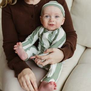 Sage Stripe -Top Knot Beanie