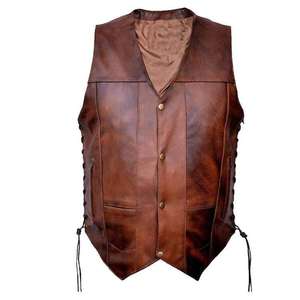 Men Brown Open Collar Leather Vest