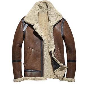 Men Brown Bomber Fur Shearling Leather Jacket