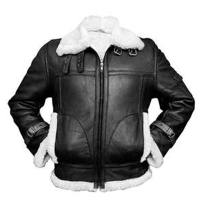 Products: Black Aviator Fur Collar Genuine Sheepskin Leather Jacket Ine