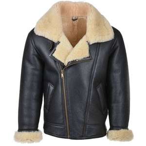 Black Bomber Fur Shearling Genuine Leather Jacket