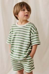Tops: Pima Cotton Wesley Tee - Essential Stripe Parchment/Snow Pea