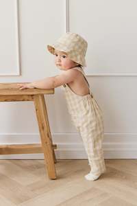Overalls: Organic Cotton Kingston Overall - Gingham Pale Khaki