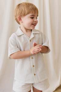 Tops: Organic Cotton Silas Shirt-Mini Pinstripe Parchment / Dawn