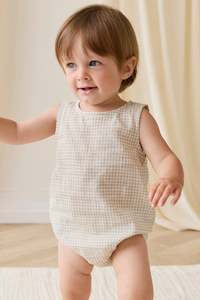 Onepieces: Organic Cotton Bentley Playsuit-Double Windowpane Check Pecan